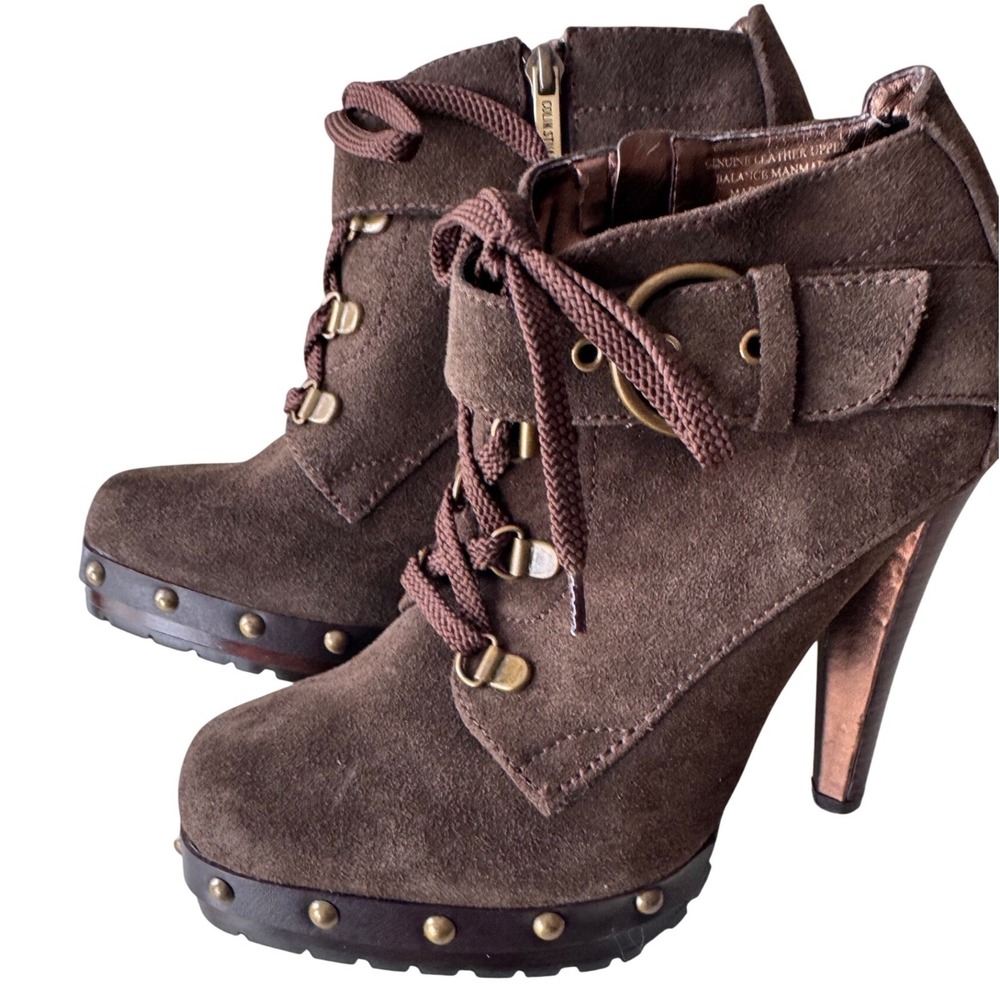 Colin Stuart Women Brown Suede Studded Lace Up Buckle Ankle Boots Boho Y2K‎ EUC